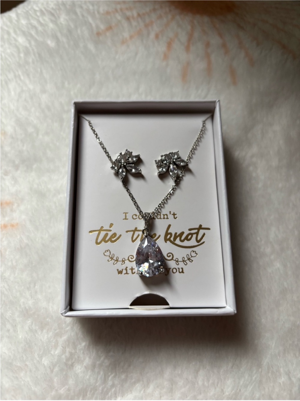 Silver Teardrop Crystal Necklace and Earrings Set - Clear